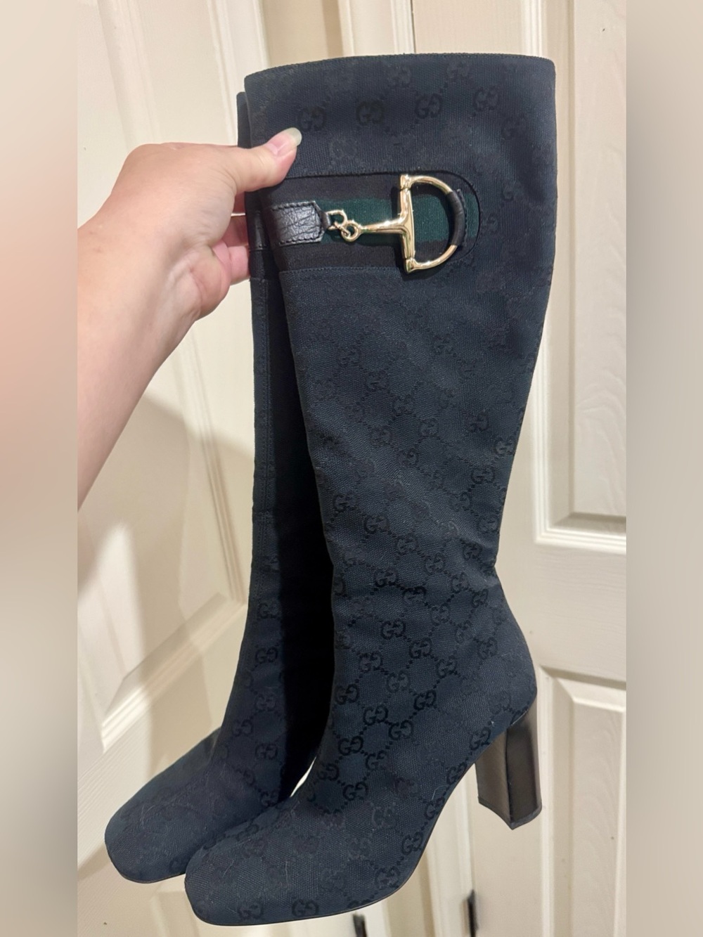 Gucci/Black GG Logo Knee-High 3.5” Heeled Boots with Gold Horsebit Buckle Detail